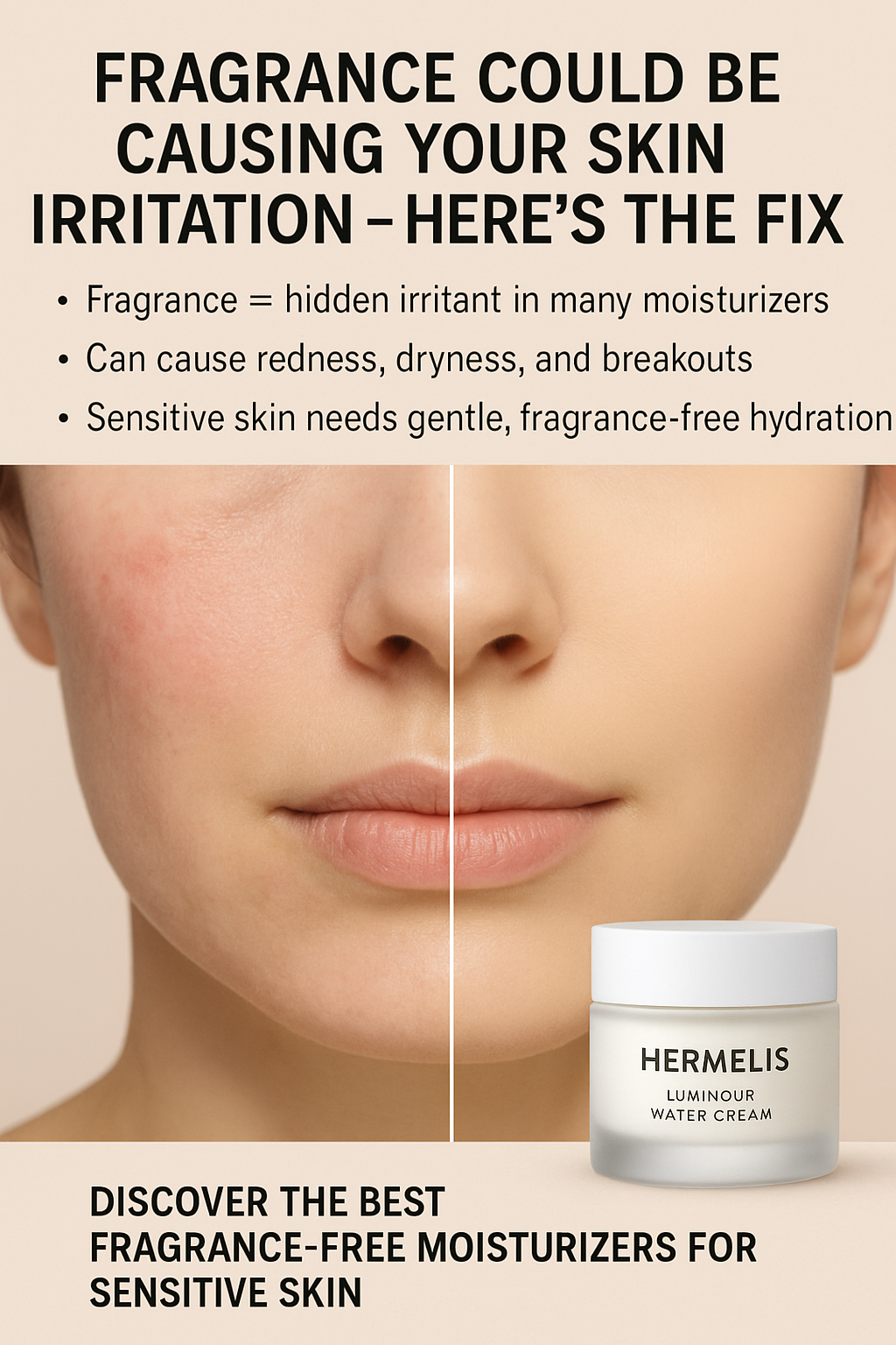 Before-and-after comparison showing skin irritation from fragrance vs smooth skin using fragrance-free Hermelis Luminour Water Cream moisturizer for sensitive skin.